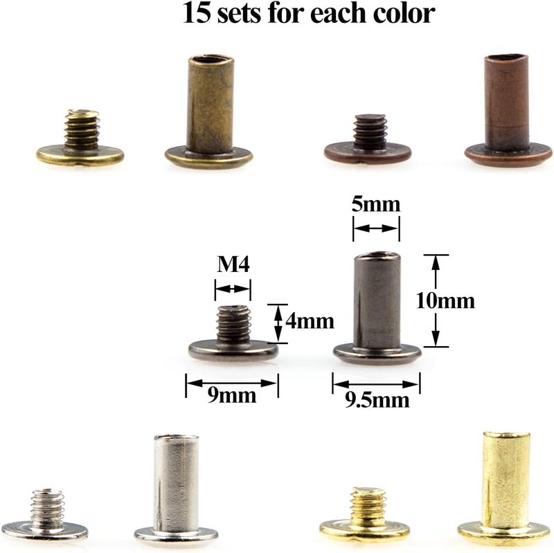 ALLOYPRO 75 Sets Chicago Screws Assorted Kit 5 Color Leather Rivets Screw Rivets Flat Fillister Book Binding Posts Nail Rivet Chicago Bolts for DIY Leather Craft Black Silver Golden Bronze (Colours 5×10mm) - Image 2